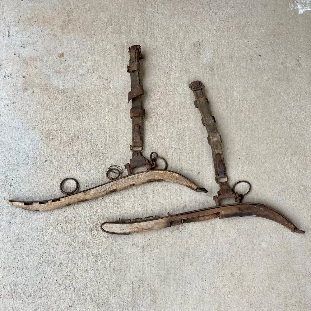 Pair Antique Wood Horse Hames w/ Leather Straps Vintage